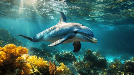 Naklejka premium Graceful Dolphin Swimming in Sunlit Ocean Waters Among Colorful Coral Reefs : Generative AI