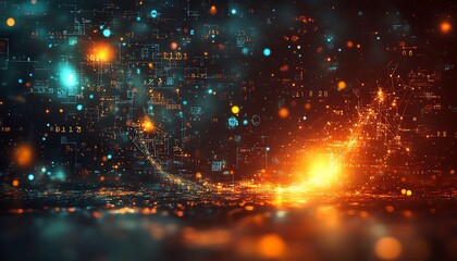 Abstract math and innovation concept with glowing equations, mathematical symbols, and digital elements in a futuristic, hightech style