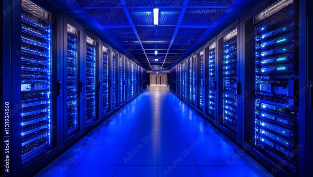 Poster Blue-lit server room corridor with rows of data center racks.
