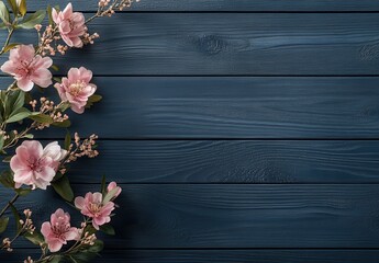 Fototapeta premium Delicate Pink Flowers with Green Leaves on Dark Wooden Background Creating a Serene and Elegant Atmosphere for Various Design Projects