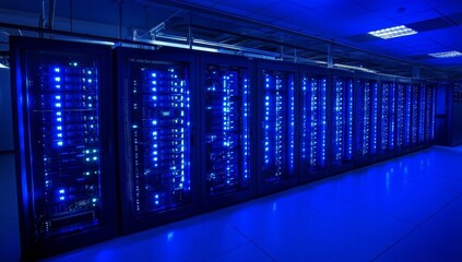 Blue-lit server room with rows of powerful data storage racks.