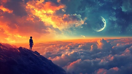 Obraz premium Silhouette of a Person Overlooking a Dreamlike Sunset Above the Clouds with a View of the Moon : Generative AI