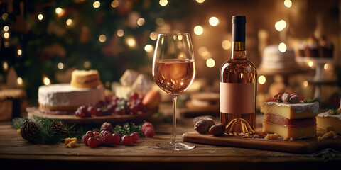 Fototapeta premium Wine Bottle and Glass on Rustic Table with Cakes, Dessert Cheeses, and Fruits
