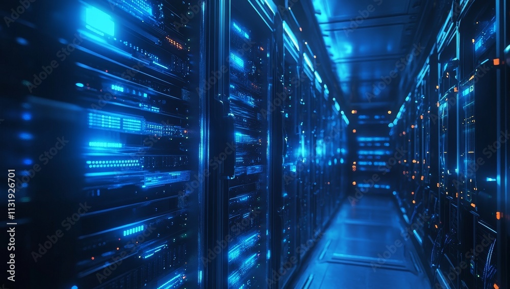 Poster blue-lit server room with rows of powerful data storage racks. (1)