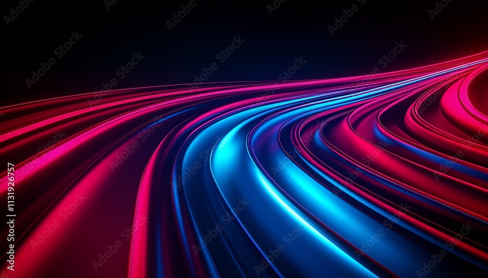 Poster colorful abstract red and blue neon light trail curves in a futuristic design : generative ai