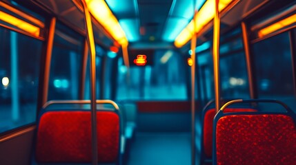 Fototapeta premium Serene and Quiet Empty Nighttime City Bus Interior with Lights : Generative AI
