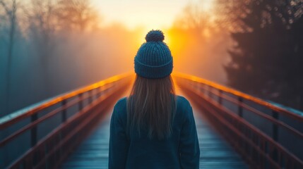 Fototapeta premium A woman in a sweatshirt and a wool hat stands on a bridge at dawn in a misty park. Soft fog covers the ground and the trees in the distance, adding to the magical atmosphere.