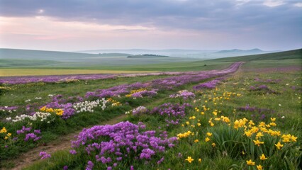 Fototapeta premium Dirt road crossing colorful blooming meadows with yellow and purple flowers at sunset in spring, rolling hills and pastel colored sky in the background