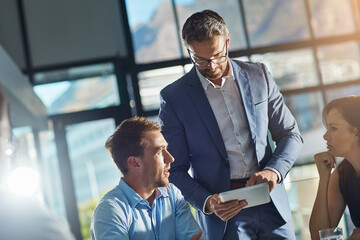 Manager, feedback or business people with tablet for planning, investment research or budget...