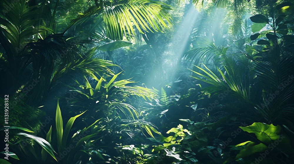 Aufkleber lush greenery with sunlight filtering through dense jungle foliage : generative ai