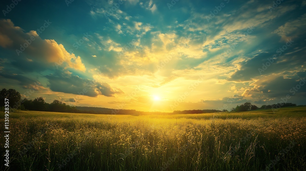 Poster idyllic sunset over golden field capturing serene countryside atmosphere with dramatic sky and cloud