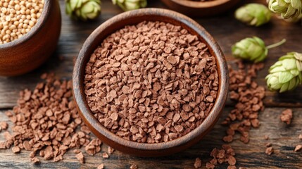 Roasted barley grains in a wooden bowl with hops.