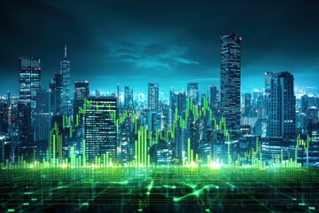 Night Cityscape with Financial Growth Overlay