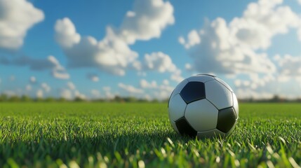 Fototapeta premium Soccer Ball on Green Grass Under Blue Sky