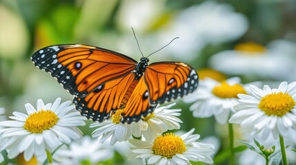 Obraz premium A Close-up of a Monarch Butterfly Resting on Daisies