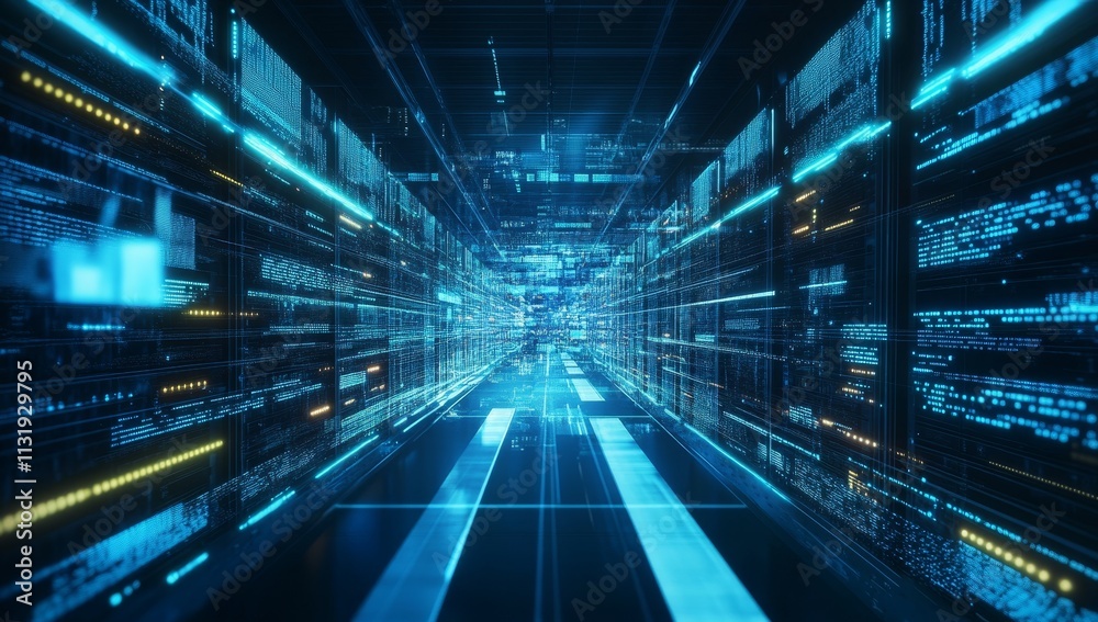 Poster futuristic data highway with glowing blue and orange digital codes.