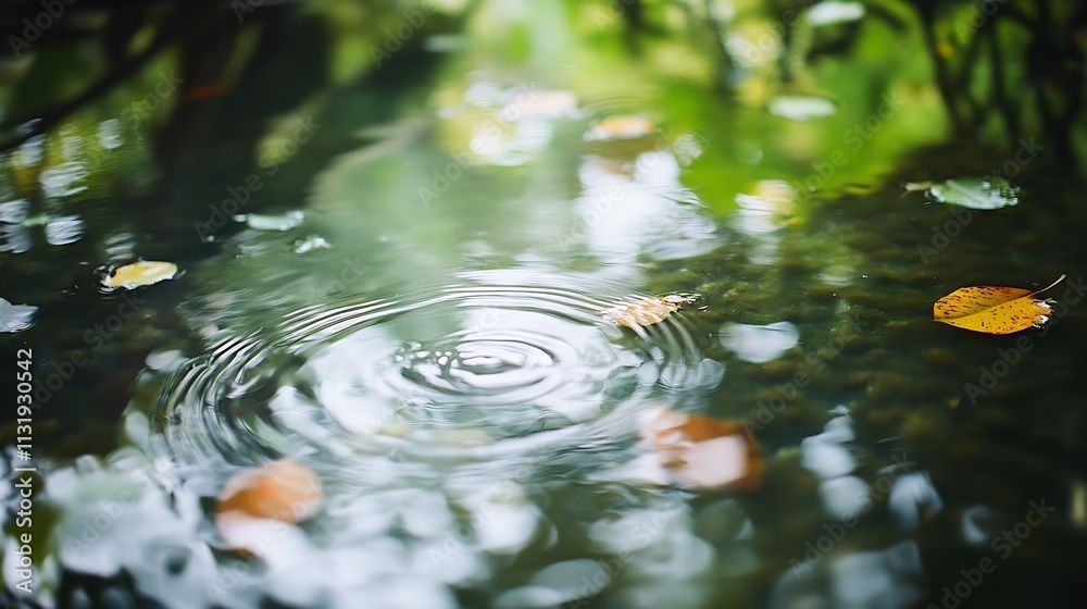 Poster serene ripple effect on water surface surrounded by natural reflections : generative ai