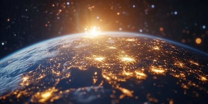 A breathtaking view of Earth from space, glowing against the dark expanse of the universe with vibrant sun flares illuminating its beauty.