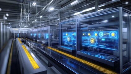 Futuristic smart factory with automated production line and digital displays showing real-time data.