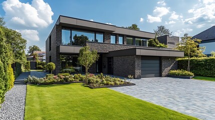 Modern Luxury Home with Contemporary Architectural Design and Lush Green Landscaping : Generative AI