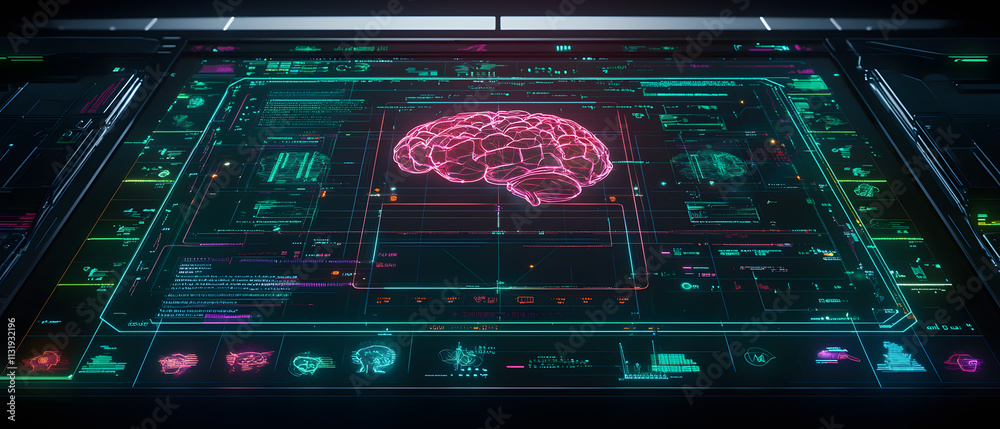Poster innovative brain mapping technology futuristic lab digital display sci-fi environment overhead view 