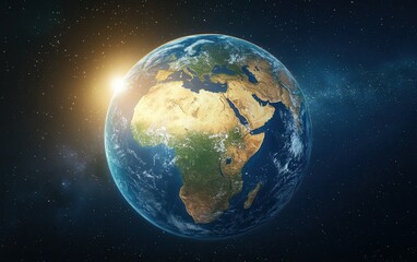 Fototapeta premium A breathtaking view of Earth from space, glowing against the dark expanse of the universe with vibrant sun flares illuminating its beauty.