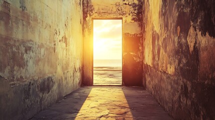 Obraz premium Sunlit Doorway to Tranquil Beach Ocean Scene through Rustic Corridor : Generative AI