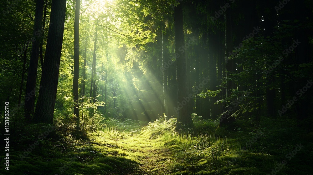 Poster Sunlight Filtering Through Dense Forest Trees Creating Mystical Woodland Scene : Generative AI