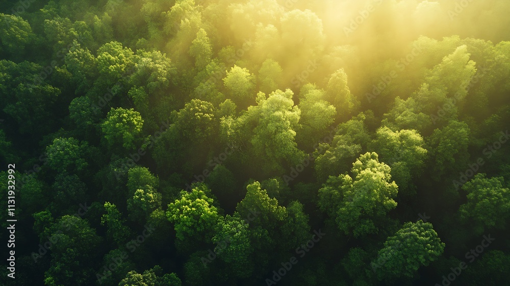 Poster Lush Green Forest Canopy Illuminated by Soft Sunlight from Above : Generative AI