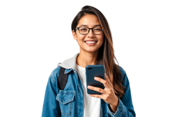 Portrait of a smiling young female college student holding a smartphone
