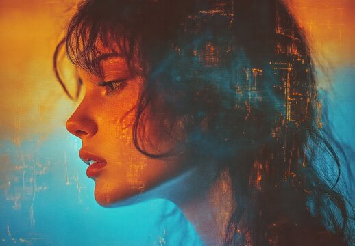 Retro VHS Photo Effect Mockup Warm Color Palette 1980s Style Blurred Figure Profile View