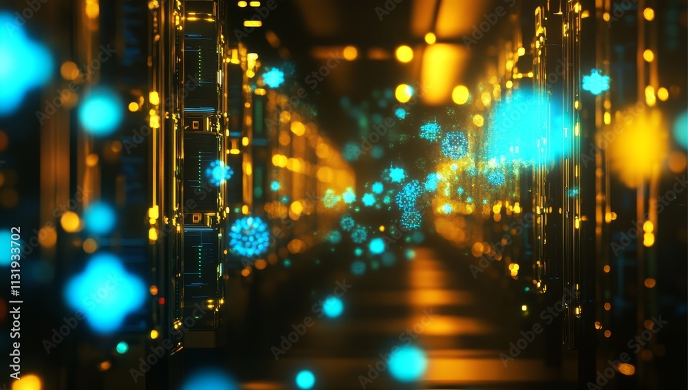 Poster Data center server room with glowing particles, network security concept.