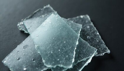 Obraz premium A collection of translucent glass shards rests elegantly on a dark surface, each piece reflecting light and showcasing delicate water droplets. The image captures the beauty of fragility and