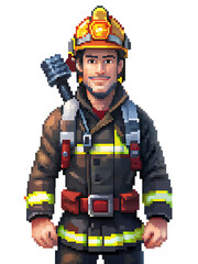 Fototapeta premium A pixel art portrait of a male firefighter, isolated transparent background