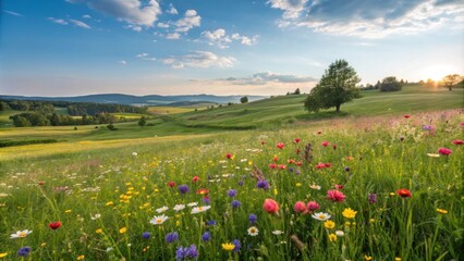 Obraz premium Colorful wildflowers blooming in a vibrant meadow, creating a picturesque countryside landscape during a beautiful sunset, with rolling hills and trees in the background