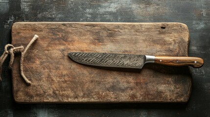 Rustic Wooden Cutting Board with a Knife