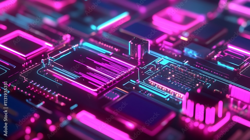 Aufkleber vibrant abstract pink and blue circuitry on a dimensional microchip : generative ai