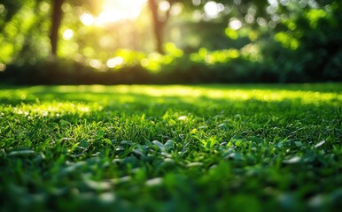 Naklejka premium Lush Green Grass Under Soft Sunlight in a Tranquil Garden Setting, Inviting Peace and Serenity During a Beautiful Spring or Summer Day