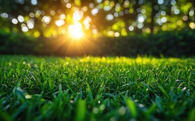 Naklejka premium Lush Green Grass Under Sunlight with a Beautiful Bokeh Background Creating a Serene and Inviting Natural Landscape Vibe in a Garden or Park Setting
