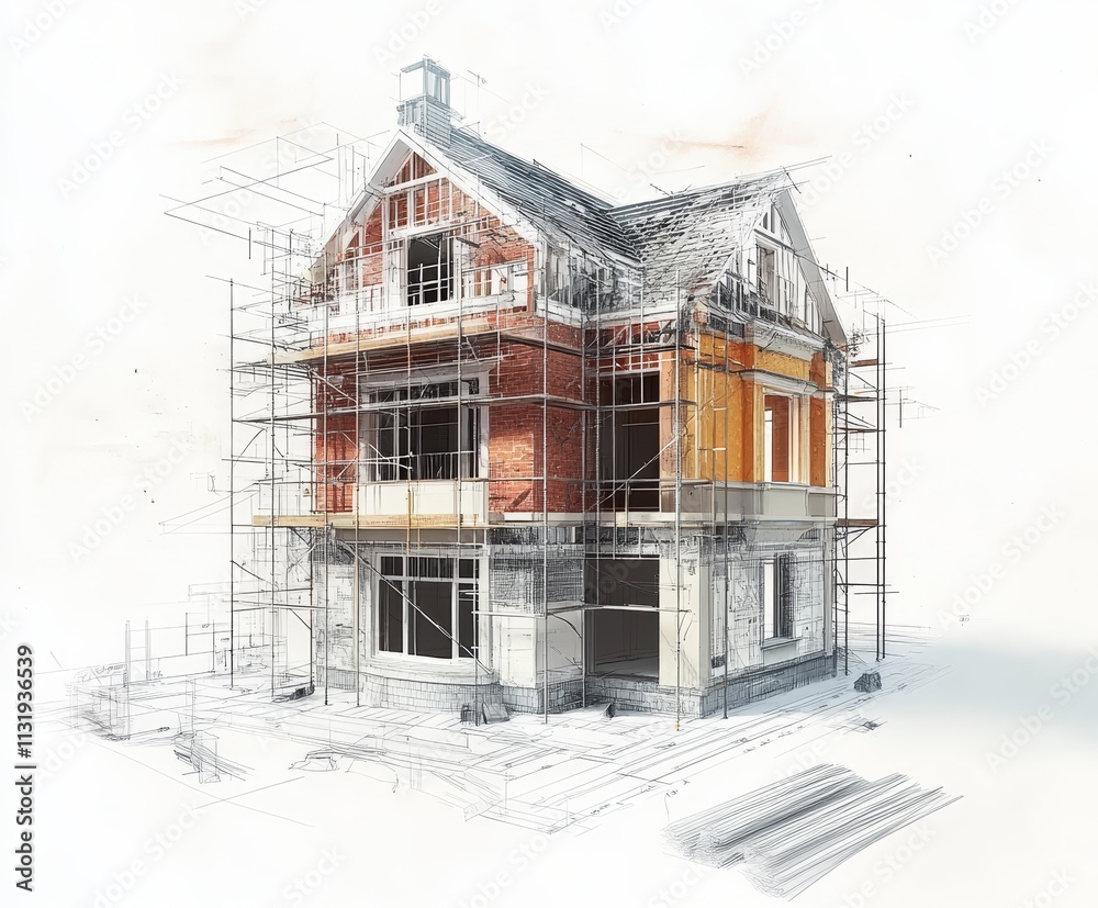 Poster Architectural rendering of a two-story house under construction, shown with scaffolding and blueprint overlays.