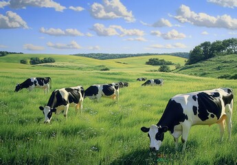Majestic Dairy Cows Grazing in a Lush Green Meadow Under a Bright Blue Sky with Fluffy White Clouds in a Serene Countryside Landscape