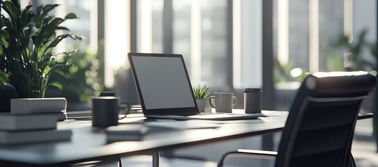 Fototapeta premium Modern office workspace with laptop, plants, and coffee cups.