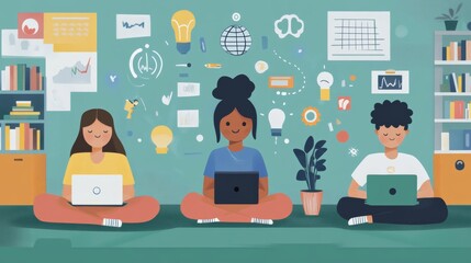 Digital poster for mental health education in schools, with icons for well-being, mindfulness, and emotional intelligence, promoting proactive support