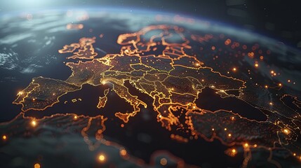 Illuminated Map of Europe, Showing City Lights and Borders at Night