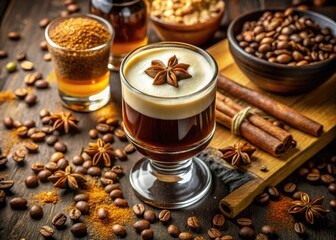 Top-down shot: rich Irish coffee components, blurred background showcasing drink recipe.