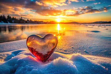 Fototapeta premium Valentine's Day dawns: a heart of ice sculpted on a pristine, snowy lake.