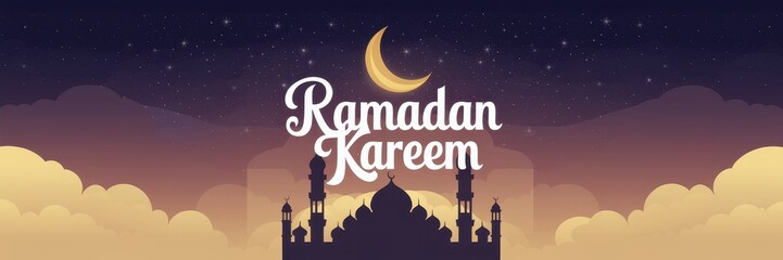 Serene Ramadan Kareem with Crescent Moon and Silhouetted Mosque