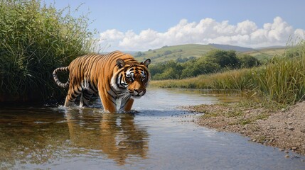 Majestic tiger strolling through stream lush green valley wildlife photography natural habitat side view predator in action