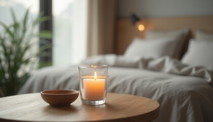 Fototapeta premium A softly lit bedroom features a glowing candle on a wooden table, creating a warm and inviting atmosphere. The serene setting, with plush bedding and a hint of greenery, evokes feelings of relaxation