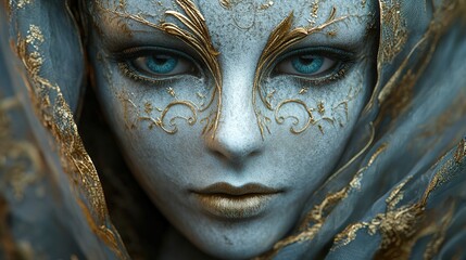 Enigmatic Woman in Gold and Blue Mask: A Digital Fantasy Portrait